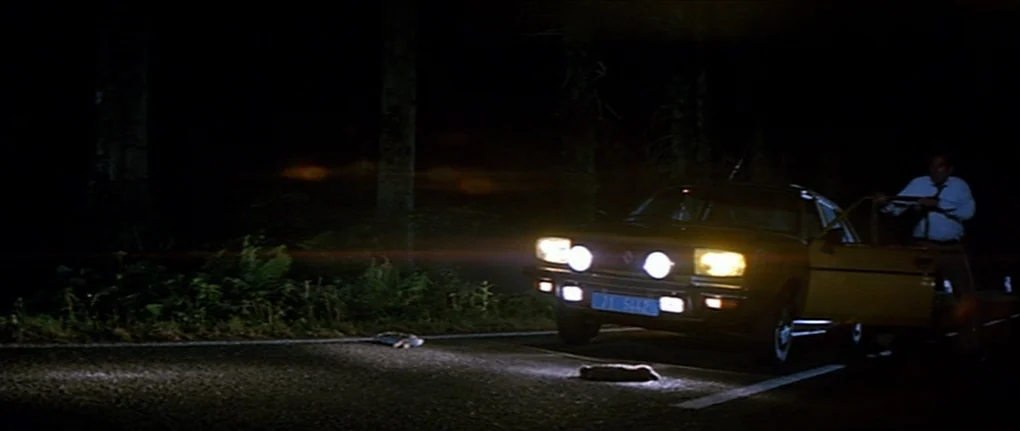 IP5 (1992) movie still: wide — A dark, wooded road is illuminated only by the bright headlights of a car. A man stands beside the open driver-side…