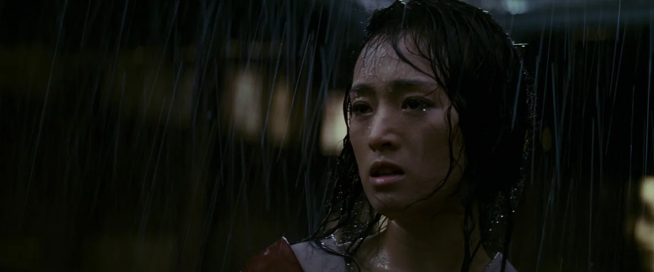 Memoirs of a Geisha (2005) movie still: closeup — A woman stands outside at night in heavy, visible rain. Water drips down her hair and face as she…