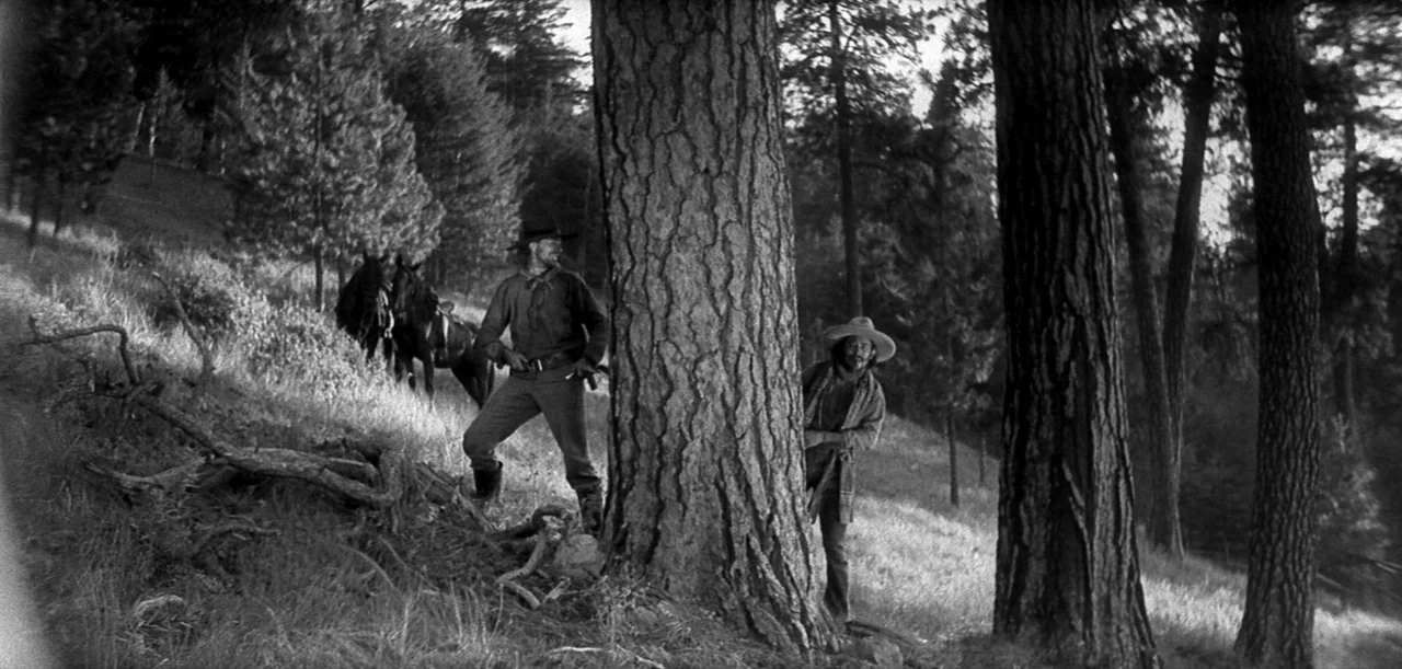 The Big Trail (1930) movie still: wide — A steeply sloped wooded area with tall pine trees and thick brush on the ground. Two men in western attire…