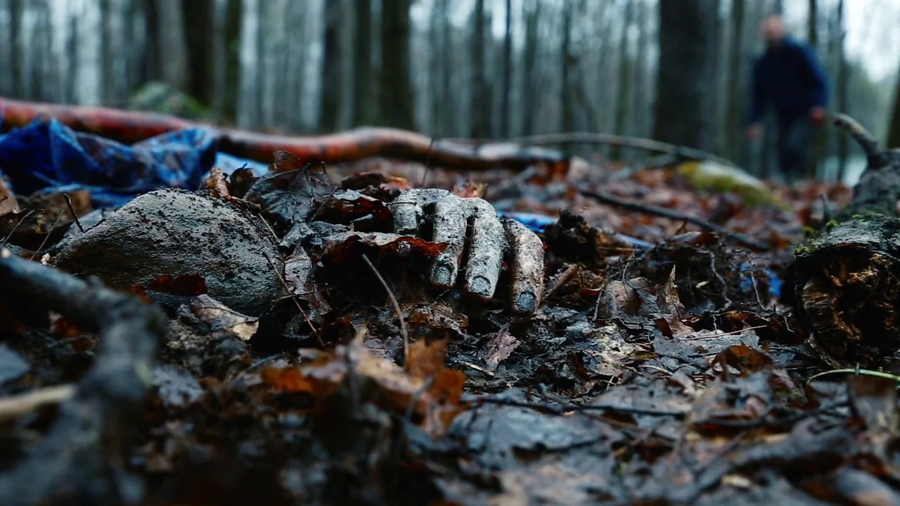 The Deeper You Dig (2019) movie still: closeup — A muddy, leaf-covered ground in a forest with tall trees blurred in the background. A human hand…