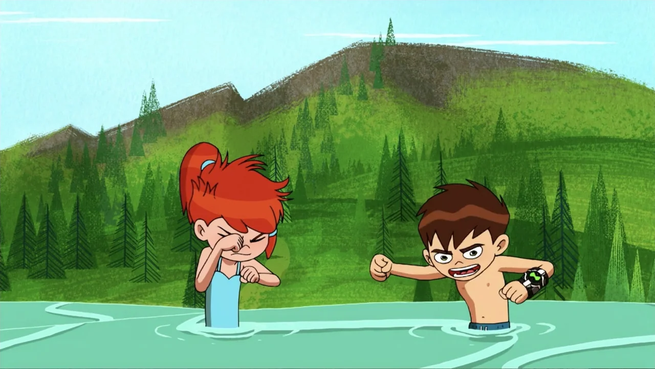 Ben 10: Ben 10,010 (2021) movie still: medium — Two children stand waist deep in a turquoise lake against a backdrop of mountains. A boy with a…
