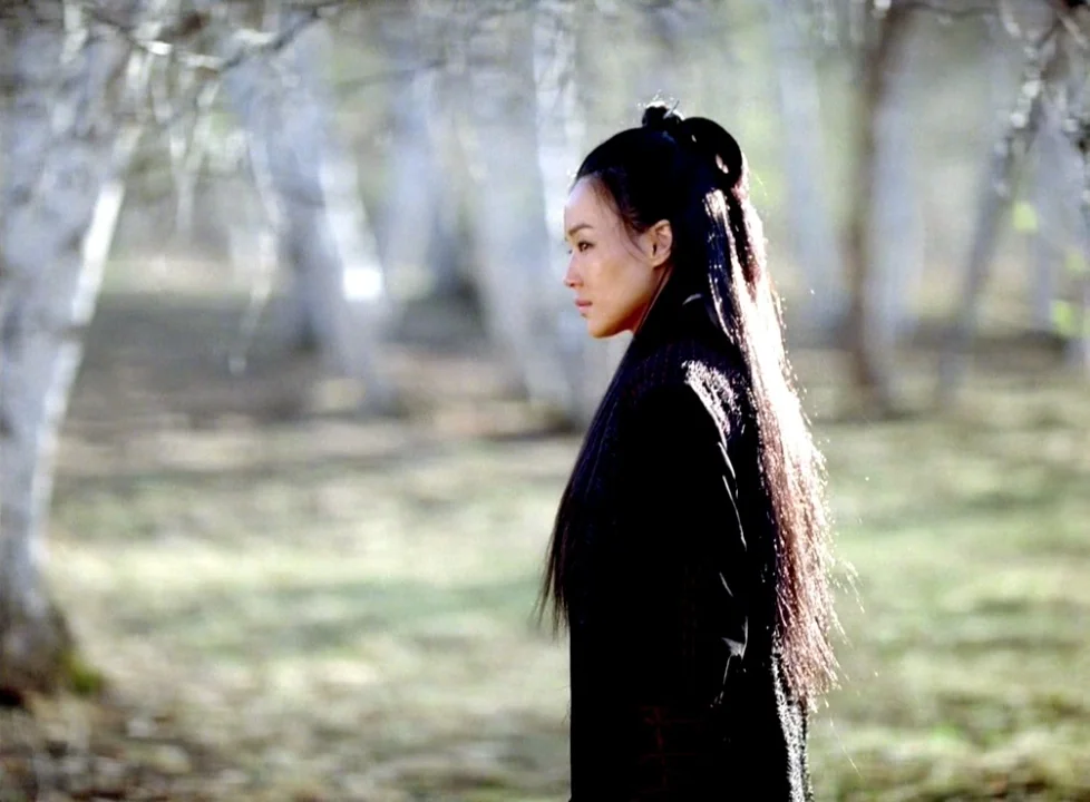 The Assassin (2015) movie still: medium — A dense grove of white-barked birch trees with blurred, out-of-focus background foliage. A woman with long…