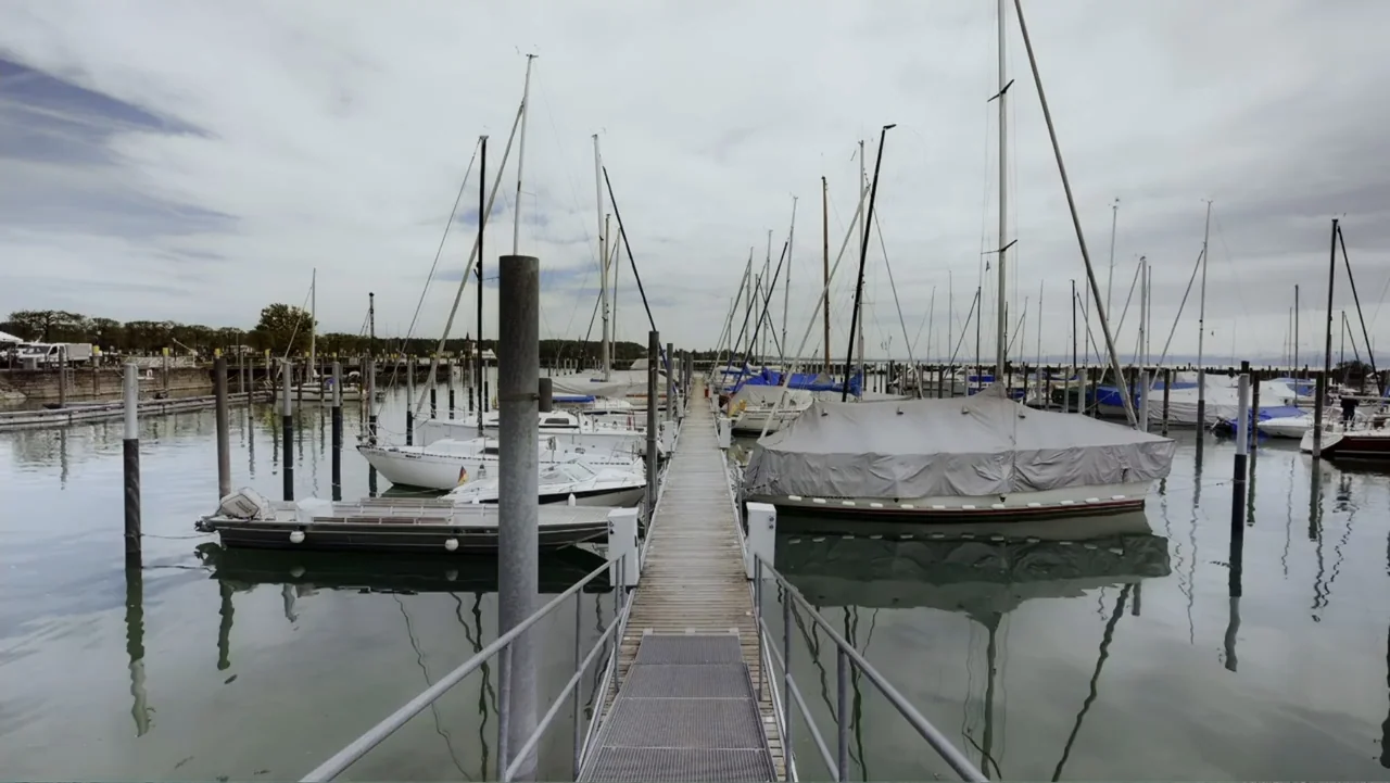 Capsized: Blood in the Water (2019) movie still: wide — A wooden pier extends into a calm marina filled with numerous docked sailboats. The water is…