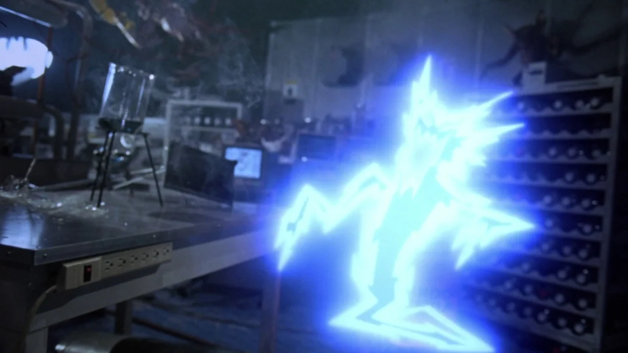 Gremlins 2: The New Batch movie still: medium — A dark, cluttered laboratory environment with metallic surfaces and scientific equipment present. An…