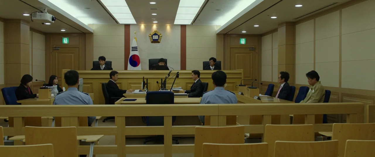 Burning (2018) movie still: wide — A modern South Korean courtroom with light wood paneling and blue chairs. Several officials and participants sit…