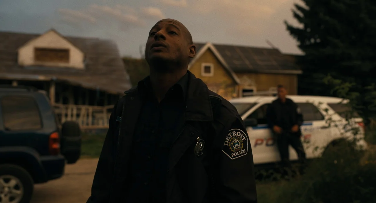 Barbarian (2022) movie still: medium — A residential lot features a weathered house and an idling police vehicle. A Detroit police officer in…