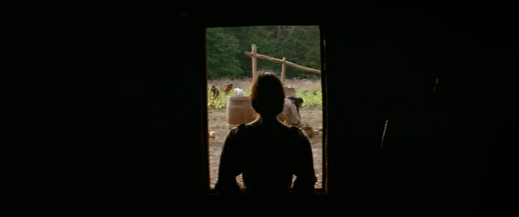 The New World (2005) movie still: medium — A dark wooden interior doorway frames a bright rural scene with a wooden barrel. A person stands in the…