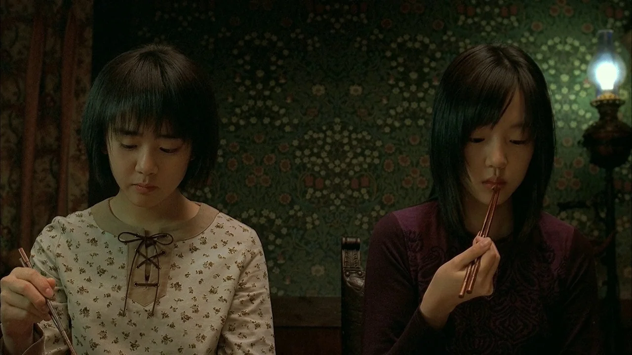 A Tale of Two Sisters (2003) movie still: medium — Two teenage girls sit side by side against a dark wall with ornate wallpaper. They each hold…