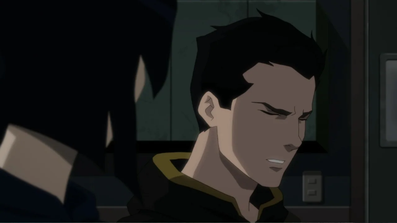 Justice League Dark: Apokolips War (2020) movie still: closeup — A dimly lit indoor space with dark walls and a blurred foreground silhouette. A…