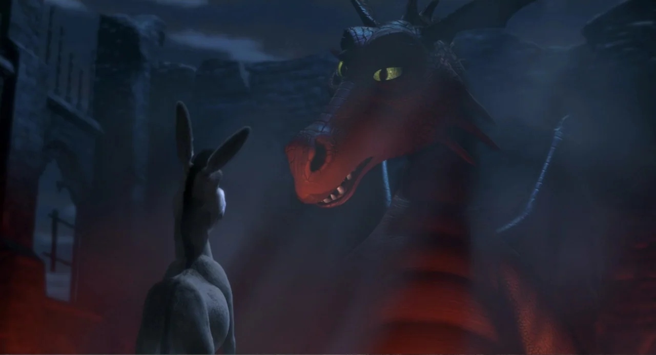 Shrek (2001) movie still: medium — A dark stone chamber filled with thick fog and rugged masonry walls. A donkey stands before a massive red dragon…