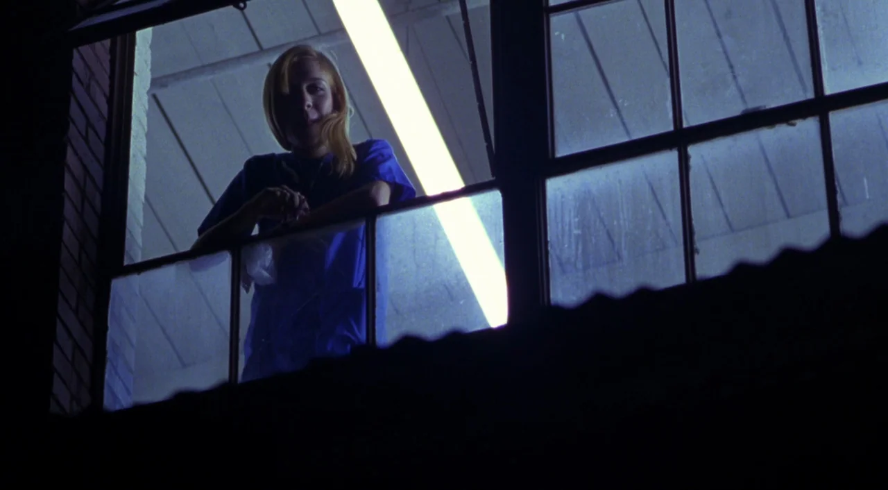 Boys Don’t Cry (1999) movie still: medium — A dark brick building facade at night shows a woman visible through a window. The subject leans on the…