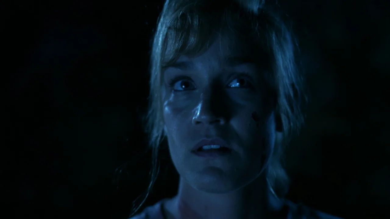 Jason Goes To Hell (1993) movie still: closeup — A woman's face is illuminated in the dark night. She looks upward with visible blood on her cheek.