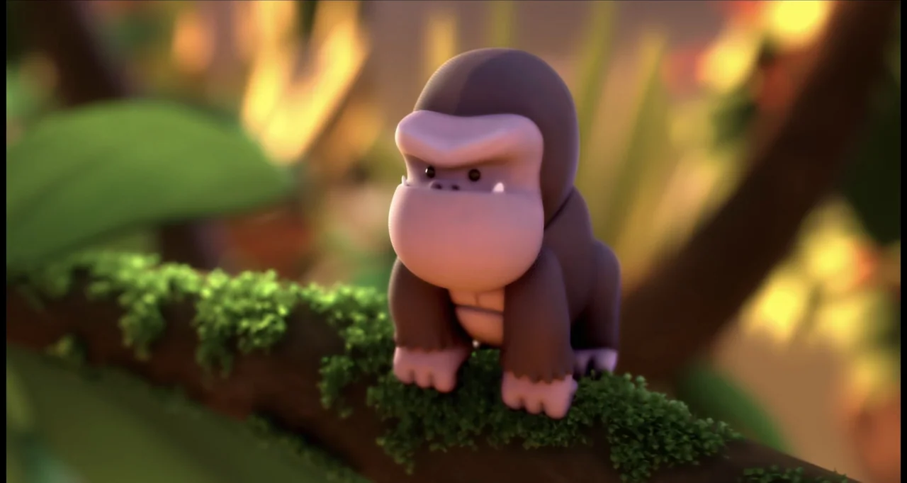 The Wishmas Tree (2020) movie still: medium — A cartoon-style small gorilla sits on a thick moss-covered tree branch. The gorilla faces slightly…