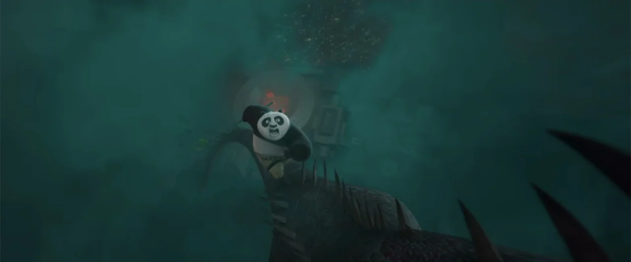 Kung Fu Panda 4 (2024) movie still: wide — A dark, misty, and cloud-filled environment appears from a top-down aerial perspective. A panda runs…
