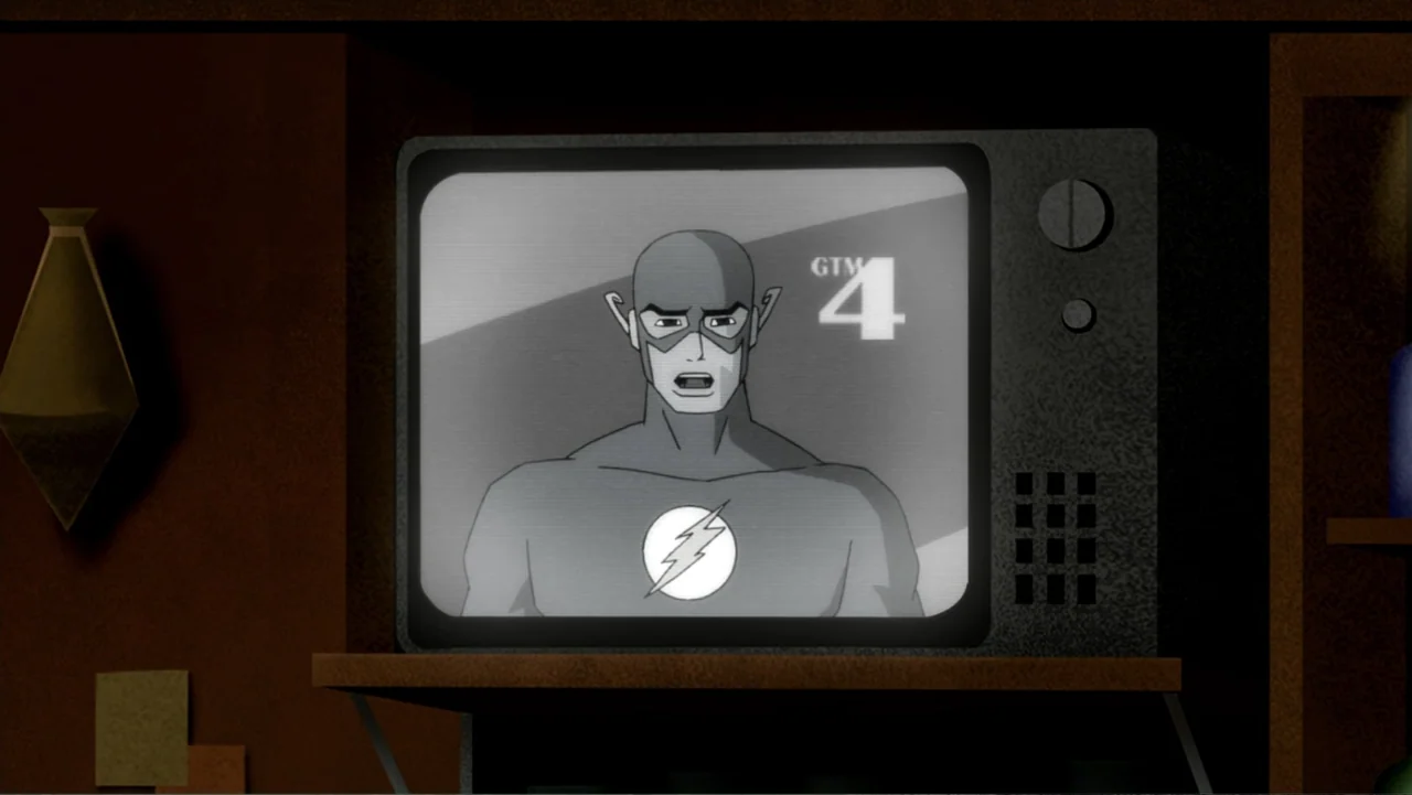 Justice League: The New Frontier (2008) movie still: medium — A vintage television set displays a black and white broadcast inside a dark room. A…
