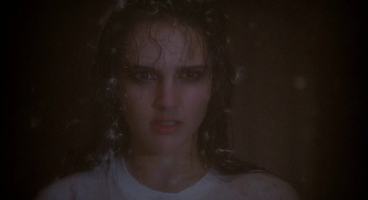 Hellraiser (1987) movie still: closeup — The frame shows a person in a dark, indistinct environment with white particles falling. The subject looks…