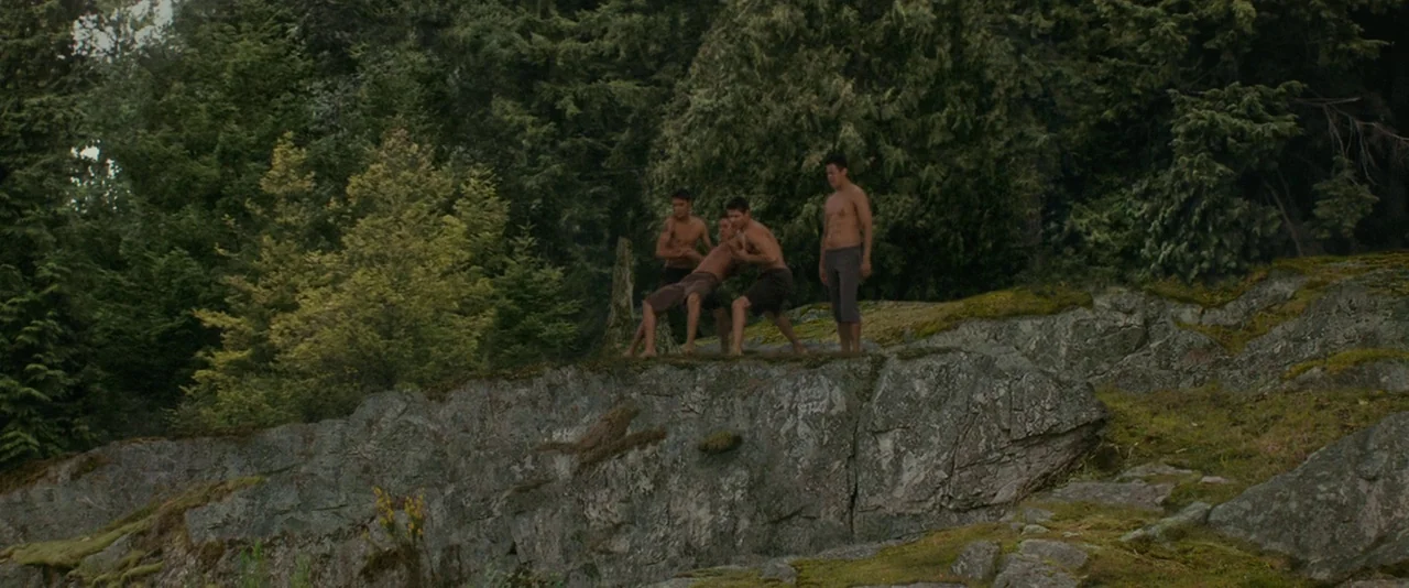 The Twilight Saga: New Moon (2009) movie still: wide — A high rocky ledge sits at the edge of a dense evergreen forest. Four muscular men in shorts…