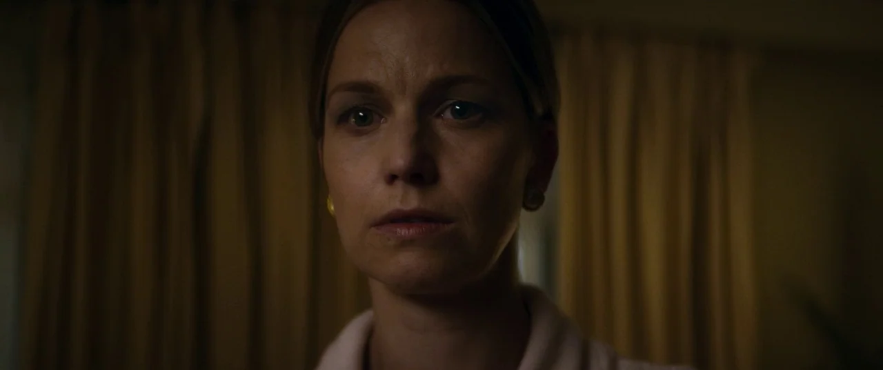 Summer of 84 (2018) movie still: closeup — A dark indoor space features golden yellow curtains hanging in the background. A woman in a pink collared…