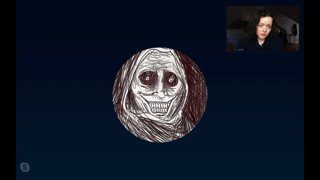 We’re All Going to the World’s Fair (2021) movie still: wide — A screen displaying a video call interface featuring a circular dark pencil sketch. A…