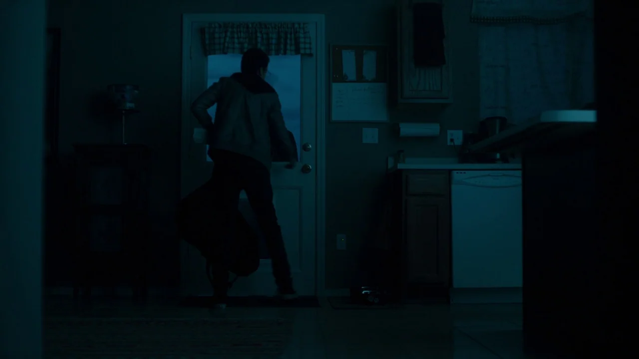 Fright Night (2011) movie still: fullbody — A dimly lit entryway with a white door and adjacent cabinets in a dark home. A young male in a hooded…