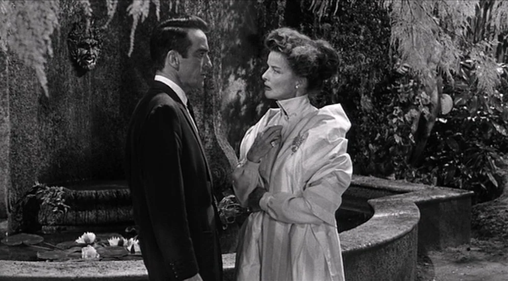Suddenly, Last Summer (1959) movie still: medium — A stone-walled exterior area features a fountain with a carved mask centerpiece. A man in a suit…