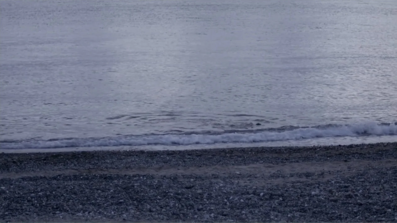 Letters to Max (2014) movie still: establishing — A pebble beach extends to the edge of a calm, grey ocean under twilight. Small waves break evenly…