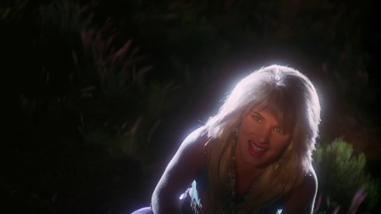 Natural Born Killers (1994) movie still: closeup — A dark outdoor setting features a woman positioned amongst low-lying dark vegetation. The woman…