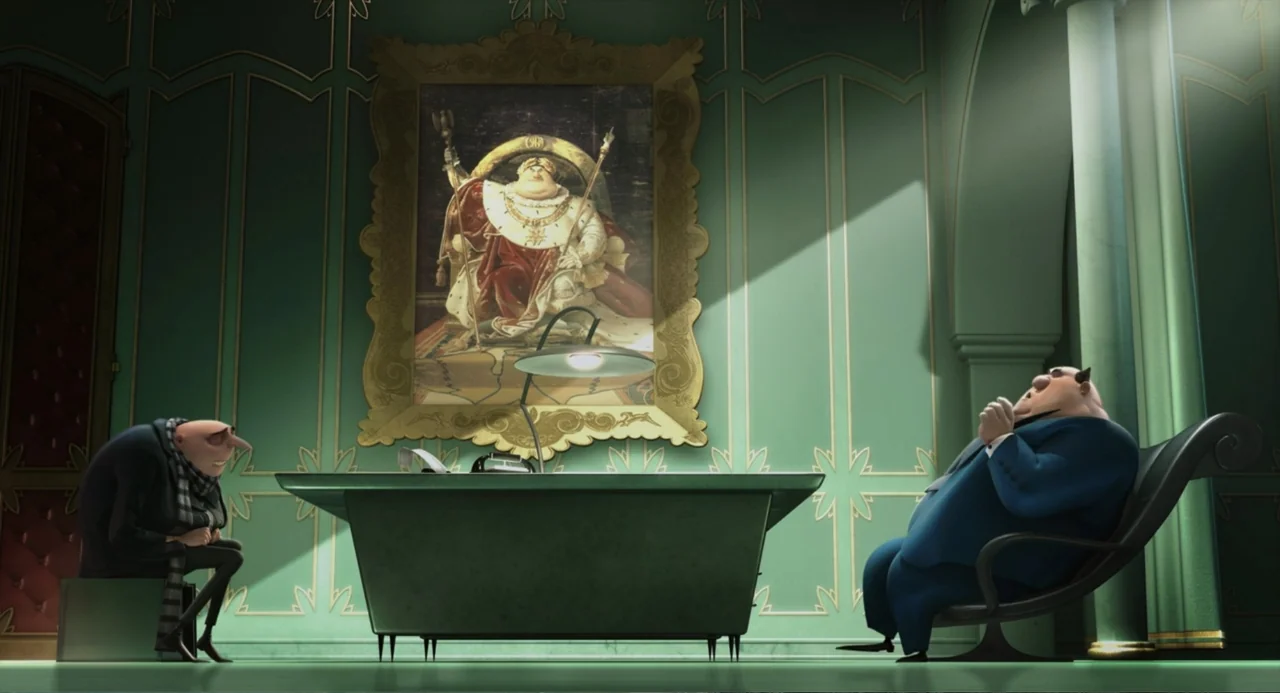 Despicable Me (2010) movie still: wide — A formal office decorated with sage green paneling and a large ornate portrait painting. Two men sit on…