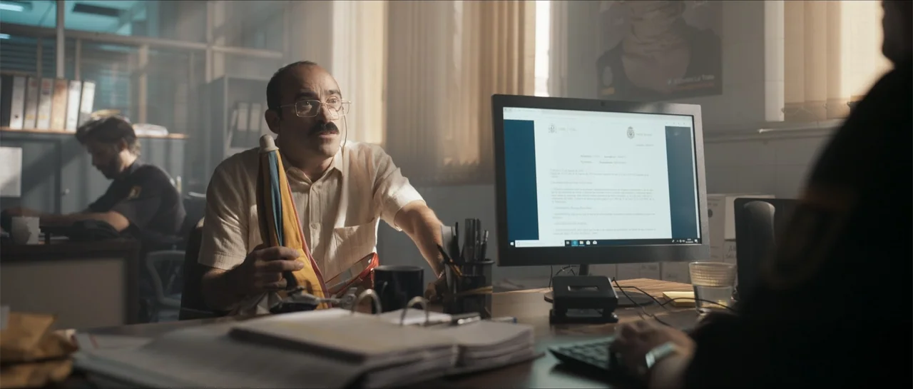 Historias lamentables (2021) movie still: medium — A cluttered police administrative desk contains a computer monitor displaying an official…