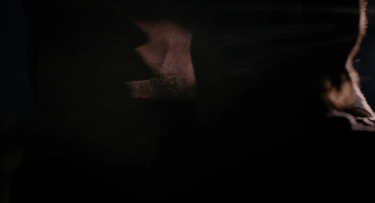Pasolini (2014) movie still: closeup — A close-up view of dark, textured fabric or material catching a thin light ray. The surrounding area remains…