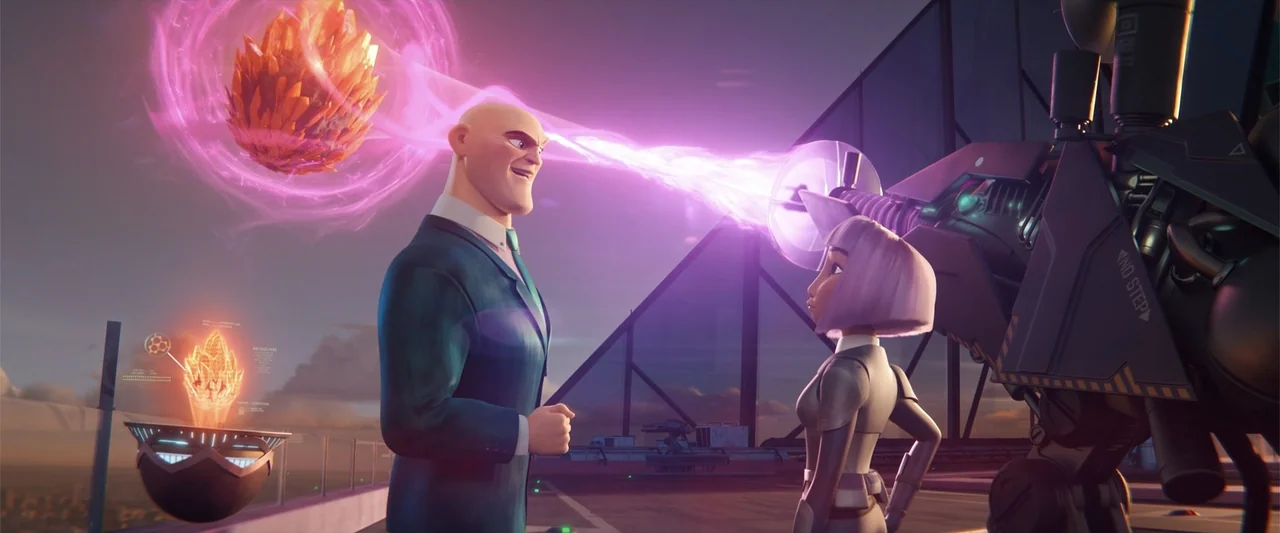 DC League of Super-Pets (2022) movie still: fullbody — A high-tech rooftop platform overlooks a city skyline during a hazy golden hour. A tall bald…