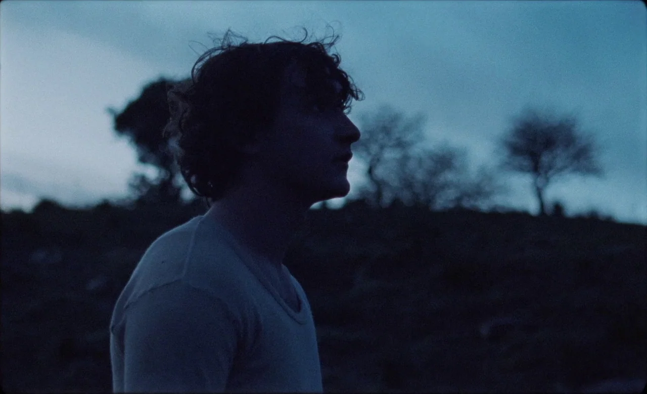 Happy as Lazzaro (2018) movie still: medium — A dark field is visible at twilight with leafless trees against a blue sky. A young man stands in…
