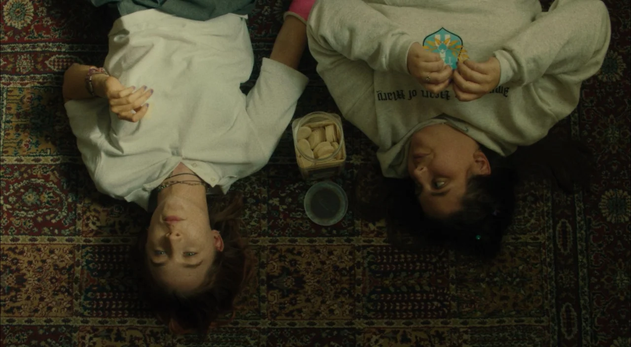 Lady Bird (2017) movie still: medium — Two teenage girls lie on their backs on an ornate, dark-patterned floral rug. They share a plastic container…