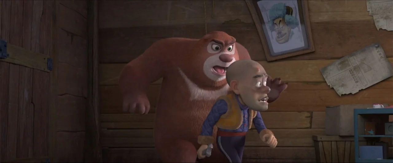 Boonie Bears: The Big Shrink (2018) movie still: medium — A rustic interior features horizontal wooden plank walls decorated with a framed portrait…