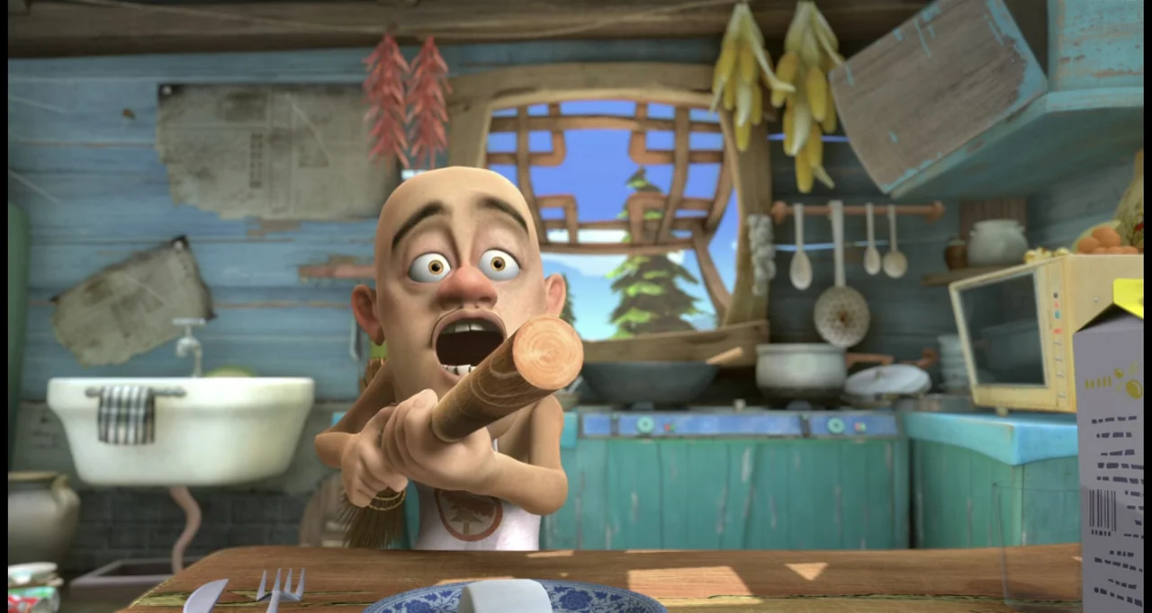 Boonie Bears: To the Rescue (2014) movie still: medium — A rustic cabin kitchen features weathered blue wooden walls, a vintage sink, and hanging…