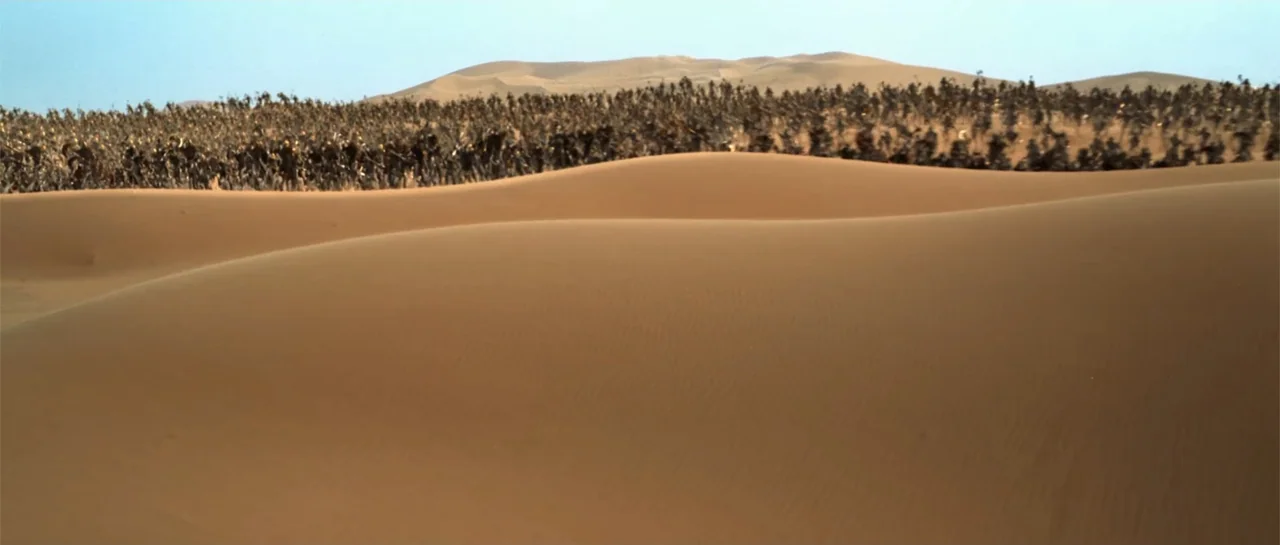 The Mummy Returns (2001) movie still: wide — An expansive desert landscape features rolling sand dunes stretching to the distant horizon. Rows of…
