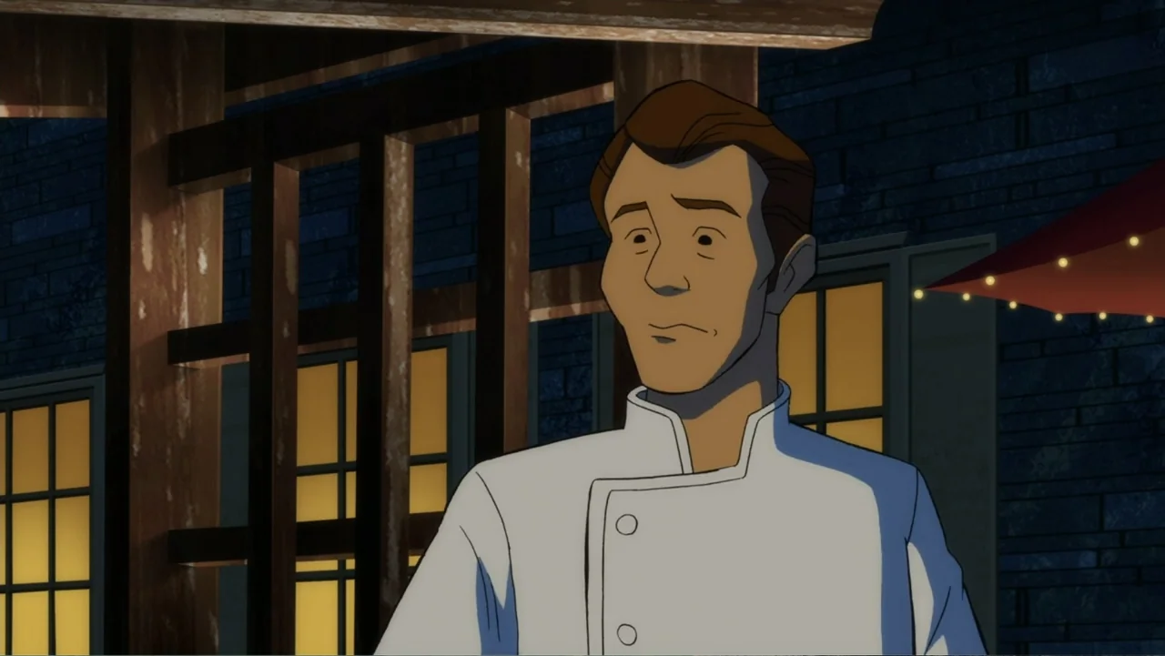 Scooby-Doo! and the Gourmet Ghost (2018) movie still: medium — A night scene on an outdoor patio with brick walls and wooden beams. A man wearing a…