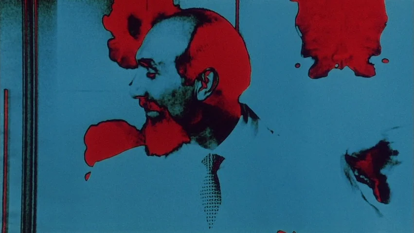 Four Times that Night (1971) movie still: medium — An abstract frame features a profile view of a man against a blue background. Red ink-like…
