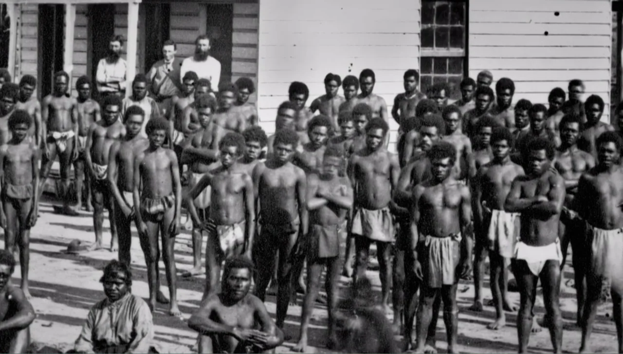 Islands of Creation (2015) movie still: fullbody — A group of Indigenous men stand in front of a white wooden building structure. They pose together…