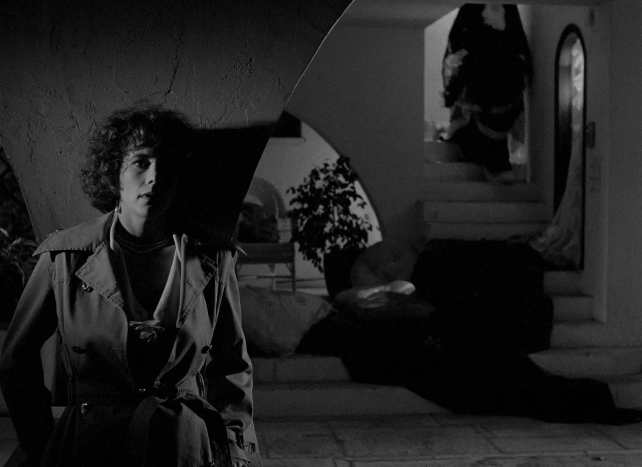 Singapore Sling (1990) movie still: medium — A dimly lit interior with a dark, arch-shaped foreground partition and stairs in the back. A woman…