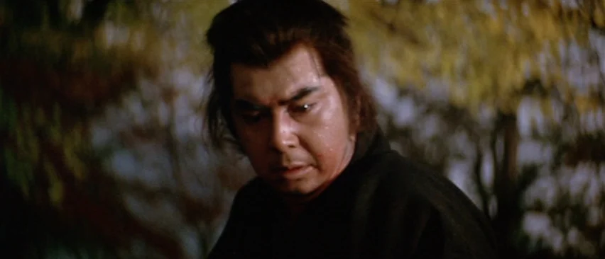 Lone Wolf and Cub: Baby Cart in Peril (1972) movie still: closeup — A man stands outdoors in a dark, wooded area at night. He stares downward with…