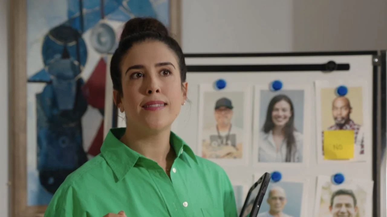 Designing Christmas (2022) movie still: medium — An office space with a white magnetic board featuring several printed photos attached. A woman…
