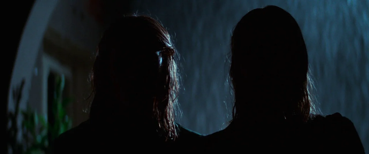 Death Game (1977) movie still: medium — Two individuals are standing in a dark interior space with a faint wall behind. Both figures are rendered as…