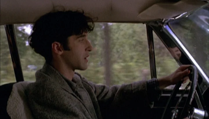 Highway 61 (1991) movie still: medium — A man drives a vehicle through a wooded area during the day. The interior of the car is visible with a…