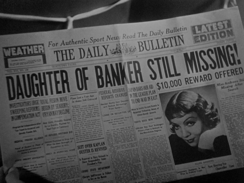 It Happened One Night (1934) movie still: closeup — A close-up shot of a 1930s daily newspaper headline about a missing banker's daughter. The paper…