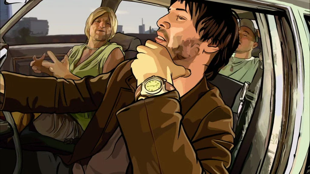A Scanner Darkly (2006) movie still: medium — Three individuals ride inside a moving vehicle during a sunny day. A man drives while talking to a…