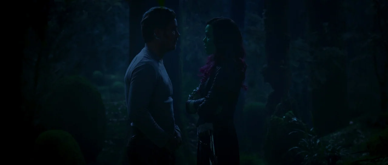 Guardians of the Galaxy Vol. 2 (2017) movie still: fullbody — A dense dark forest at night features two figures standing facing each other profile.…