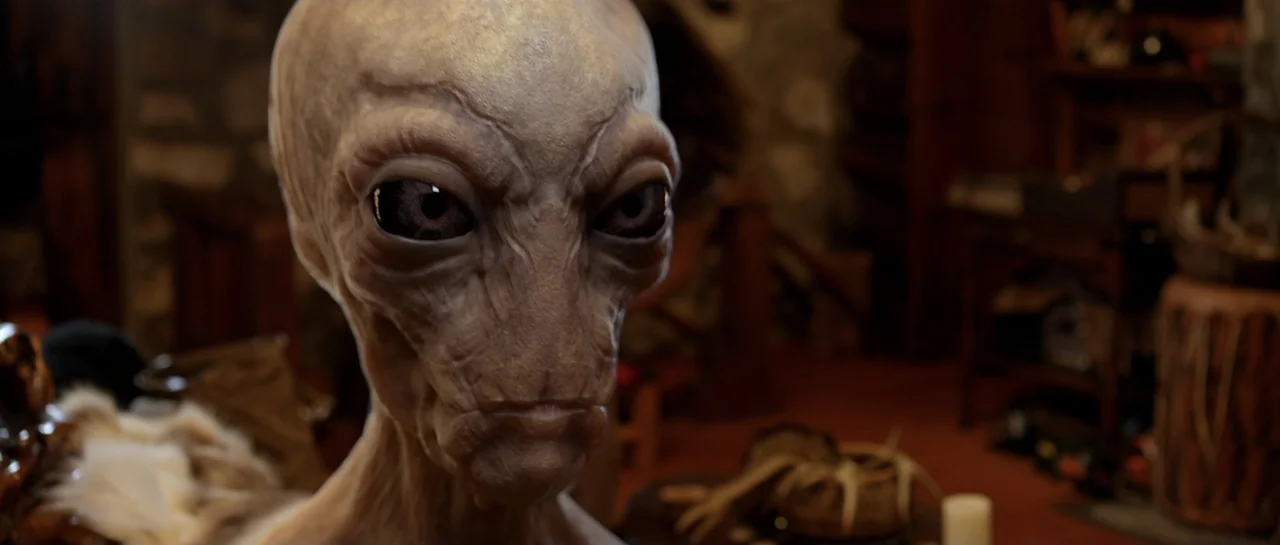 La presencia (2012) movie still: closeup — A dimly lit room with blurred rustic furniture and stone walls in the background. A grey extraterrestrial…