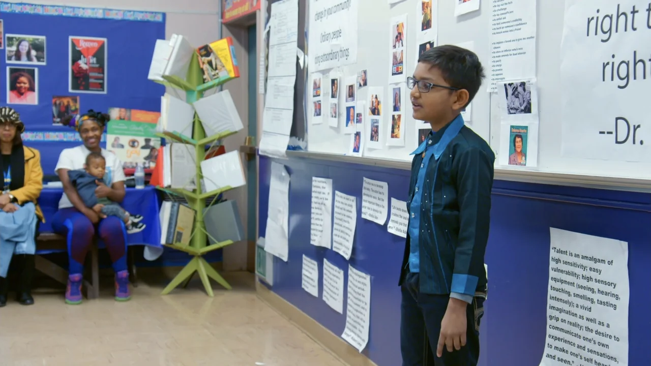 We Are the Dream: The Kids of the Oakland MLK Oratorical Fest (2020) movie still: medium — A classroom with whiteboards covered in printed papers…