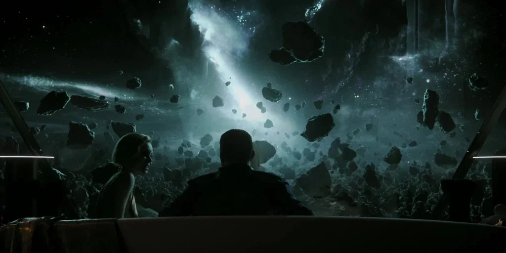 Love, Death & Robots (2019) movie still: wide — A spaceship observation deck looks out onto a dense field of floating space rocks. A man and a woman…